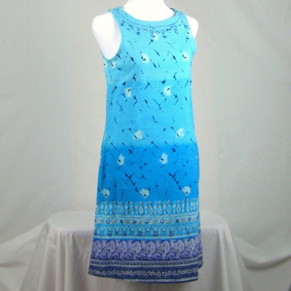 Blue Shift Sleeveless Dress Embroidered with Mirrored Squares Med Urban Safari - Picture 1 of 6